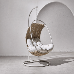 beige rope hanging egg chair with white metal stand for wholesale outdoor furniture