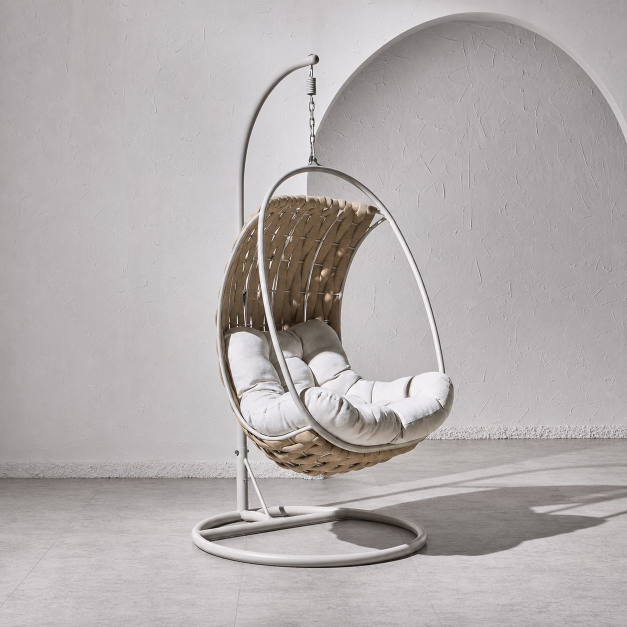 beige rope hanging egg chair with white metal stand for wholesale outdoor furniture