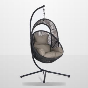 black rope hanging egg chair with metal stand for patio balcony and hotel terrace