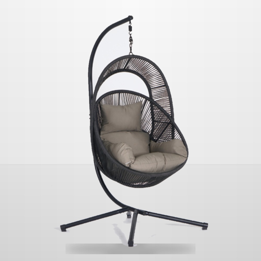 Factory Wholesale Weatherproof Outdoor Patio Furniture From China 3 black rope hanging egg chair with metal stand for patio balcony and hotel terrace