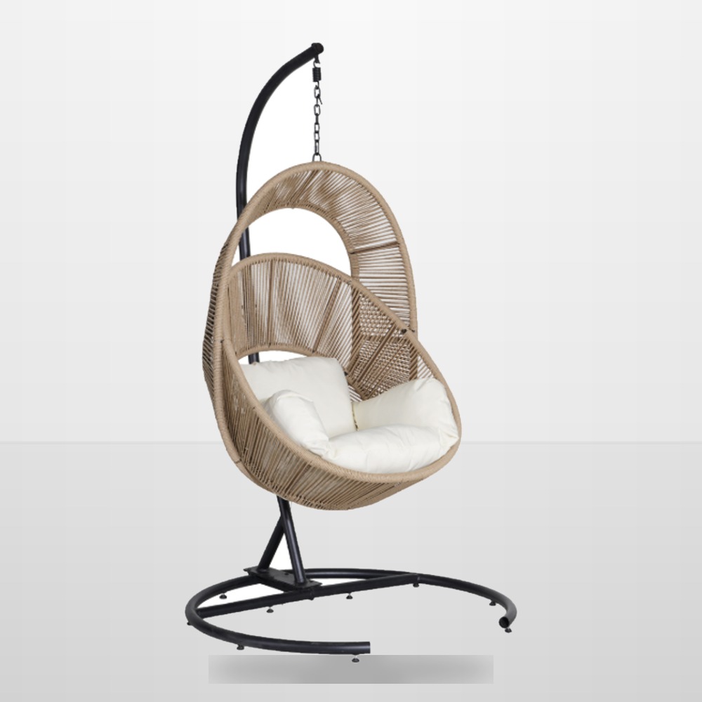 natural rope hanging egg chair with black metal stand and white cushion